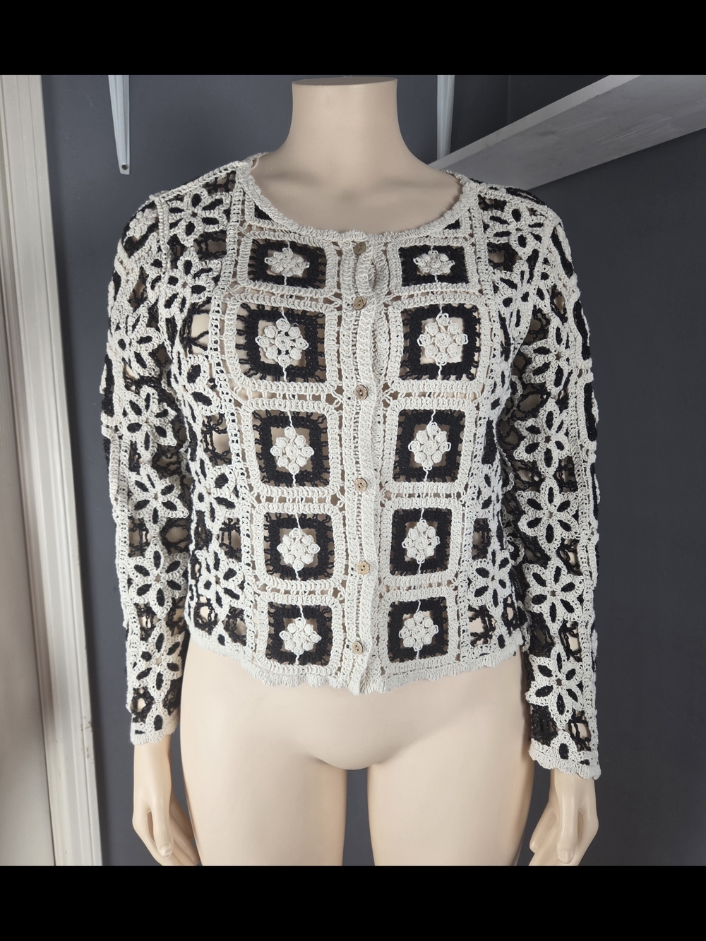 Ultra Pink Crocheted Cardigan in Ivory and Black